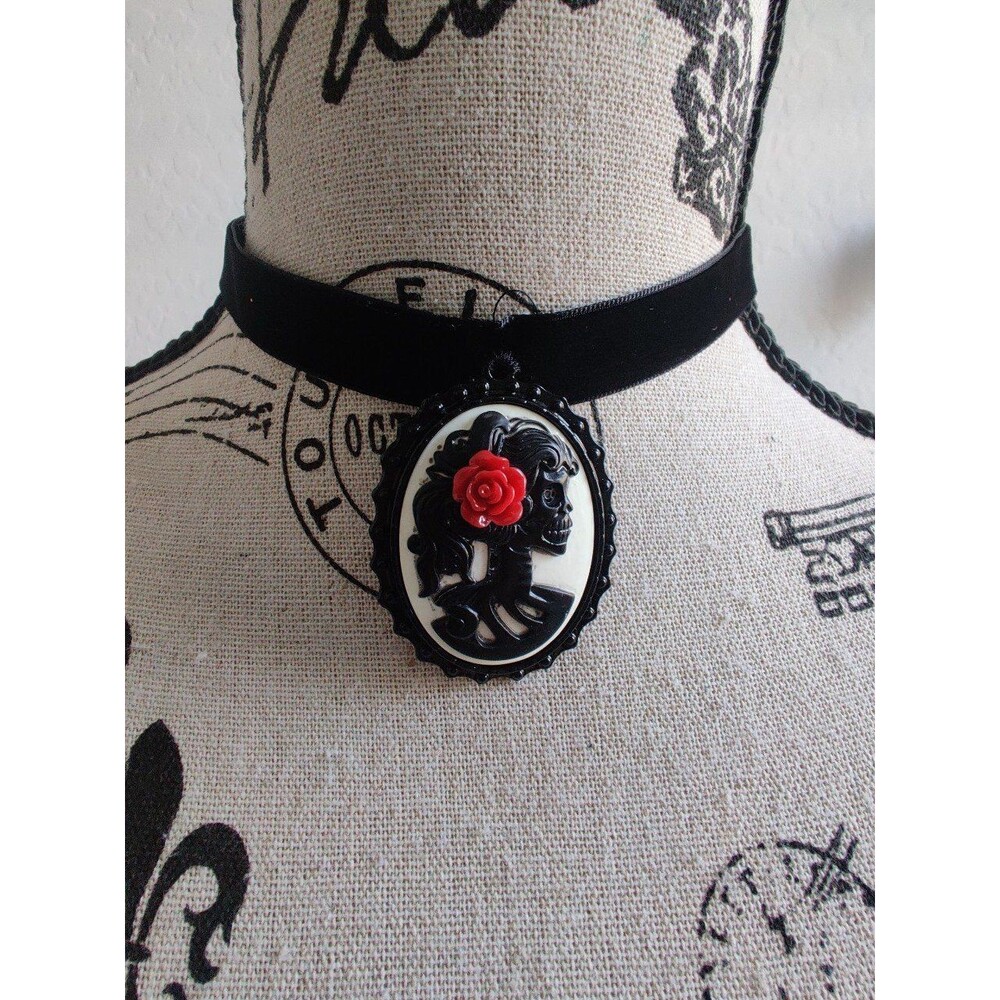 Victorian Woman Skeleton w rose cameo Pendant Hand stitched Choker Necklace